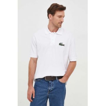 Lacoste polo de bumbac culoarea alb, cu imprimeu