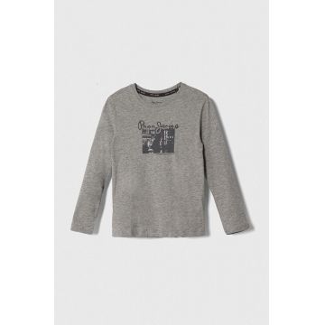 Pepe Jeans longsleeve din bumbac pentru copii culoarea gri, cu imprimeu