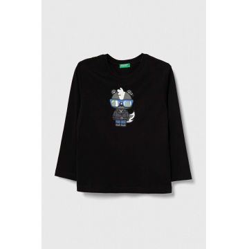 United Colors of Benetton longsleeve din bumbac pentru copii culoarea negru, cu imprimeu