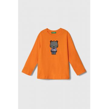 United Colors of Benetton longsleeve din bumbac pentru copii culoarea portocaliu, cu imprimeu