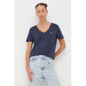 Tommy Jeans tricou din bumbac femei, culoarea albastru marin