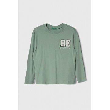 United Colors of Benetton longsleeve din bumbac pentru copii culoarea verde, cu imprimeu