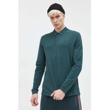 HUGO longsleeve din bumbac culoarea verde, neted