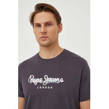 Pepe Jeans tricou din bumbac Keegan barbati, culoarea gri, cu imprimeu