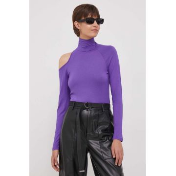 United Colors of Benetton longsleeve femei, culoarea violet, cu guler