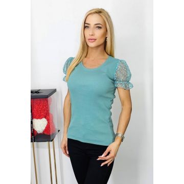 Bluza eleganta Deea, cu maneci scurte, bufante si textura transparenta, Vernil, Marime universala S/M