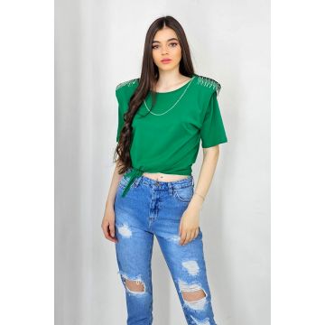 Bluza eleganta Kim, cu legare in talie si accesorii metalice cu cristale, Verde smarald