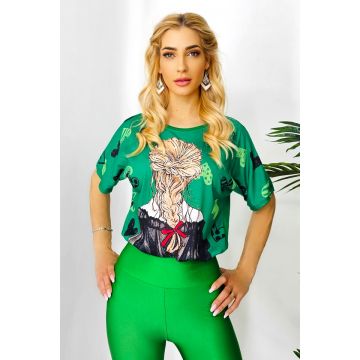 Tricou bumbac Swing, cu imprimeu grafic si rejansa elastica in talie, Verde