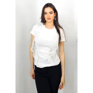 Tricou dama Abe, cu rejansa din dantela si textura striata, Alb, Marime universala S/M