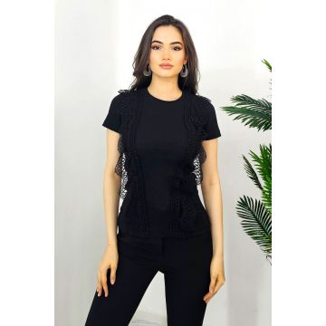 Tricou dama Abe, cu rejansa din dantela si textura striata, Negru, Marime universala S/M