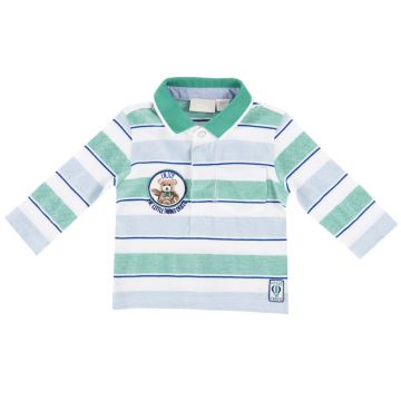 Tricou polo copii Chicco, maneca lunga, bleu cu dungi albe si verzi