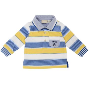 Tricou polo copii Chicco, maneca lunga, galben cu alb si bleu