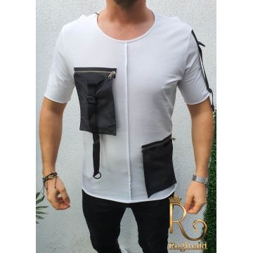 Tricou barbati slim fit lung, asimetric alb cu lanturi Street Style cod: TR71