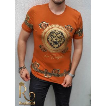 Tricou de barbati slim fit orange cu imprimeu auriu si strasuri - TR179