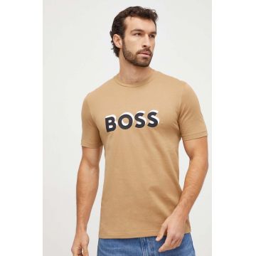 BOSS tricou din bumbac bărbați, culoarea bej, cu imprimeu 50506923