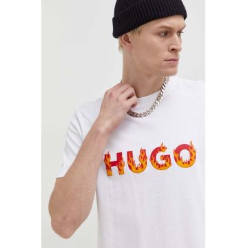 HUGO tricou din bumbac bărbați, culoarea bej, cu imprimeu 50504542