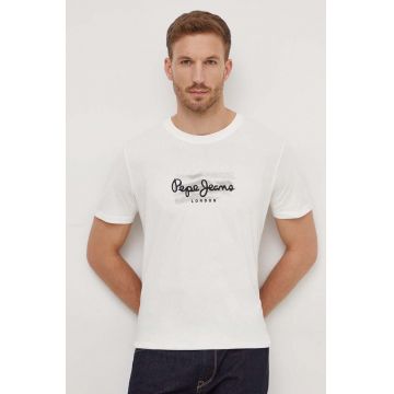 Pepe Jeans tricou din bumbac Castle barbati, culoarea bej, cu imprimeu