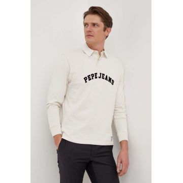 Pepe Jeans longsleeve din bumbac Harry culoarea bej, cu imprimeu