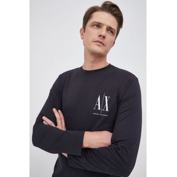 Armani Exchange Longsleeve din bumbac culoarea albastru marin, cu imprimeu