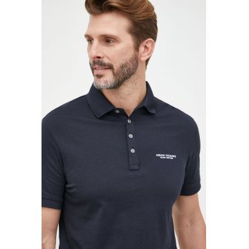 Armani Exchange polo de bumbac culoarea albastru marin, cu imprimeu