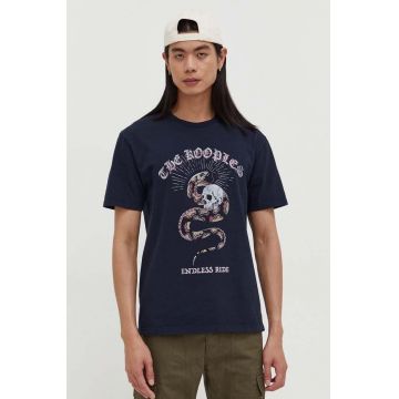 The Kooples tricou din bumbac barbati, culoarea albastru marin, cu imprimeu