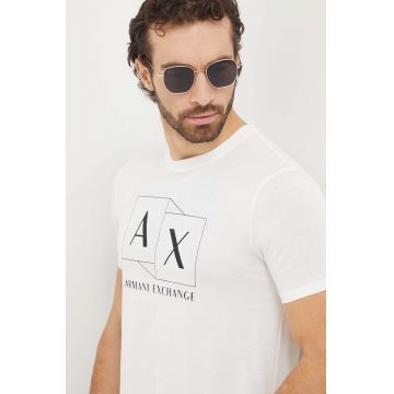 Armani Exchange tricou din bumbac barbati, culoarea bej, cu imprimeu