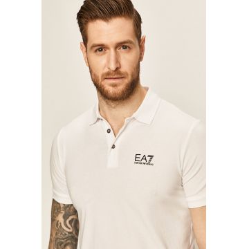 EA7 Emporio Armani Tricou Polo bărbați, culoarea alb, material neted