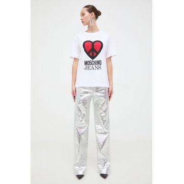 Moschino Jeans tricou din bumbac femei, culoarea alb