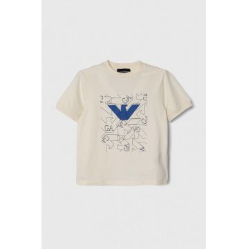 Emporio Armani tricou de bumbac pentru copii culoarea bej, cu imprimeu