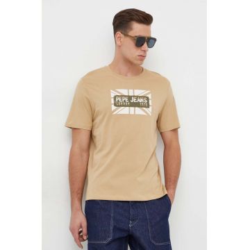 Pepe Jeans tricou din bumbac barbati, culoarea bej, cu imprimeu