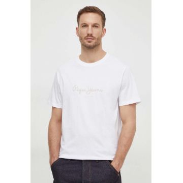 Pepe Jeans tricou din bumbac Chris barbati, culoarea alb, cu imprimeu