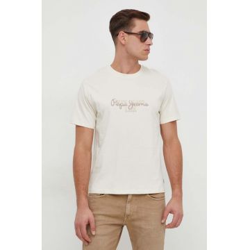 Pepe Jeans tricou din bumbac Chris barbati, culoarea bej, cu imprimeu