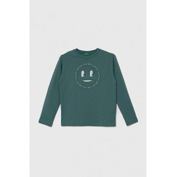 United Colors of Benetton longsleeve din bumbac pentru copii culoarea turcoaz, cu imprimeu