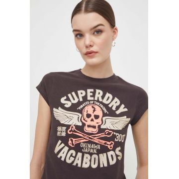 Superdry tricou din bumbac femei, culoarea maro