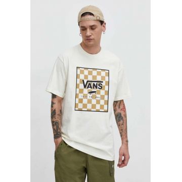 Vans tricou din bumbac barbati, culoarea bej, cu imprimeu