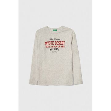 United Colors of Benetton longsleeve din bumbac pentru copii culoarea gri, cu imprimeu