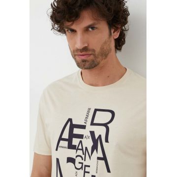 Armani Exchange tricou din bumbac barbati, culoarea bej, cu imprimeu