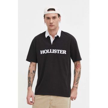 Hollister Co. polo de bumbac culoarea negru, cu imprimeu