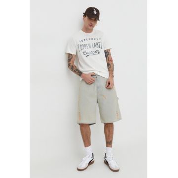 Superdry tricou din bumbac barbati, culoarea bej, cu imprimeu