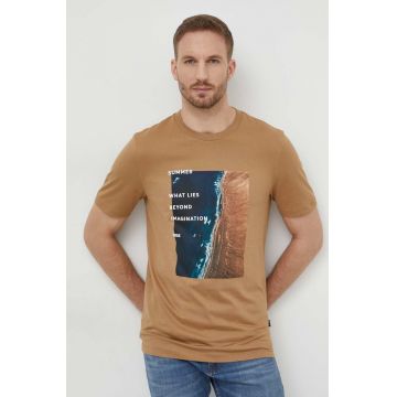 BOSS tricou din bumbac bărbați, culoarea bej, cu imprimeu 50512132