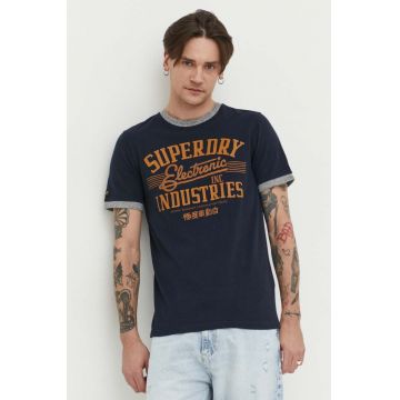 Superdry tricou din bumbac barbati, culoarea albastru marin, cu imprimeu