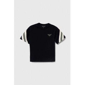 Emporio Armani tricou de bumbac pentru copii culoarea albastru marin, cu imprimeu