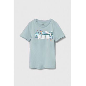 Puma tricou de bumbac pentru copii ESS+ SUMMER CAMP Tee culoarea turcoaz, cu imprimeu