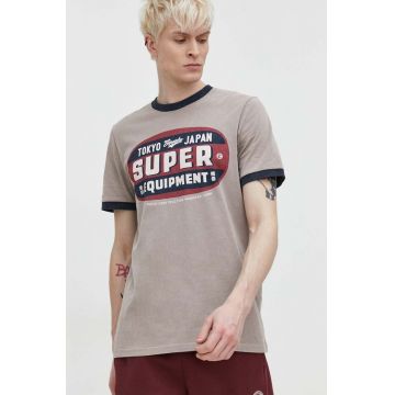 Superdry tricou din bumbac barbati, culoarea bej, cu imprimeu