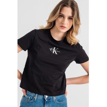 Tricou crop slim fit cu logo