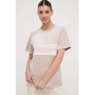 adidas Originals tricou din velur culoarea bej IR5276