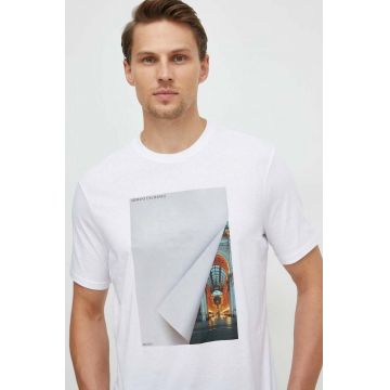 Armani Exchange tricou din bumbac barbati, culoarea alb, cu imprimeu