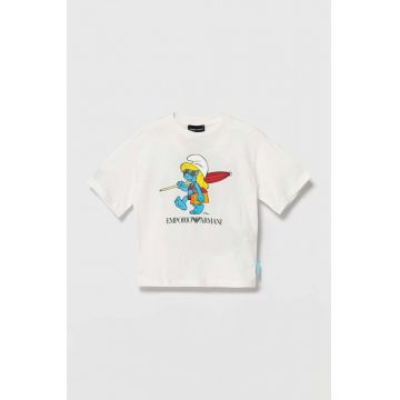 Emporio Armani tricou de bumbac pentru copii The Smurfs culoarea alb, cu imprimeu