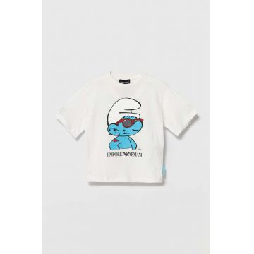 Emporio Armani tricou de bumbac pentru copii The Smurfs culoarea alb, cu imprimeu