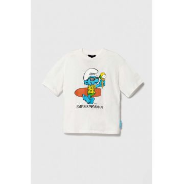 Emporio Armani tricou de bumbac pentru copii The Smurfs culoarea alb, cu imprimeu